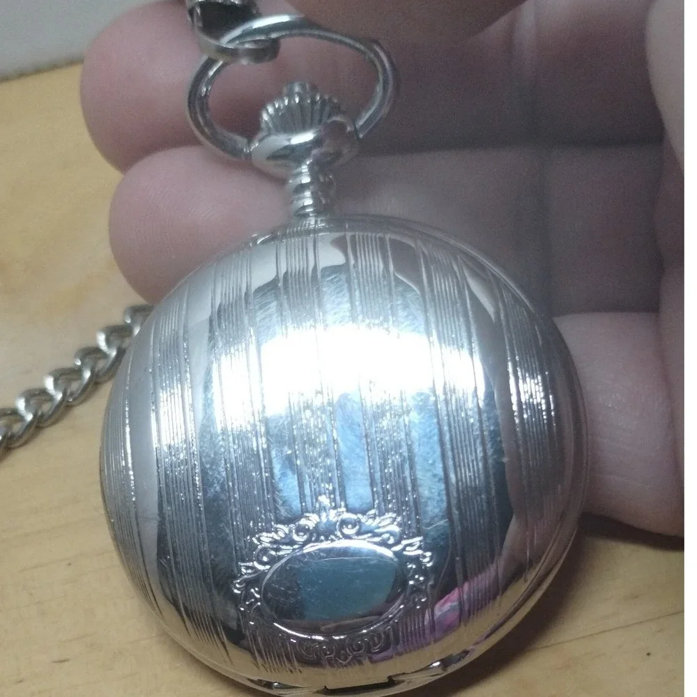 Silver Tone Quartz Pocket Watch Engraved Hunter Case Singapore Movt with Chain